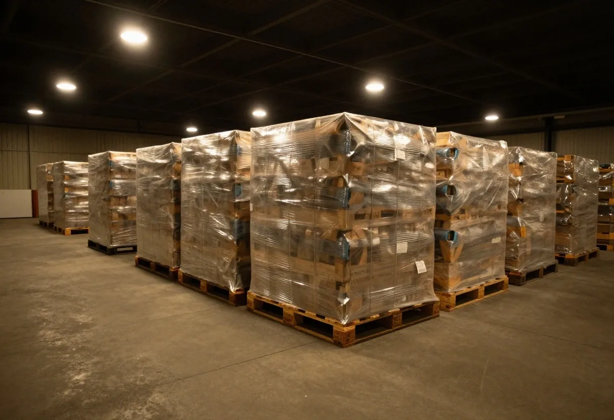 Interior de depósito con pallets listos para exportar
