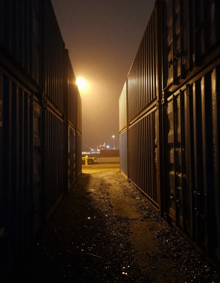 Pasillo nocturno entre contenedores hacia las luces del puerto