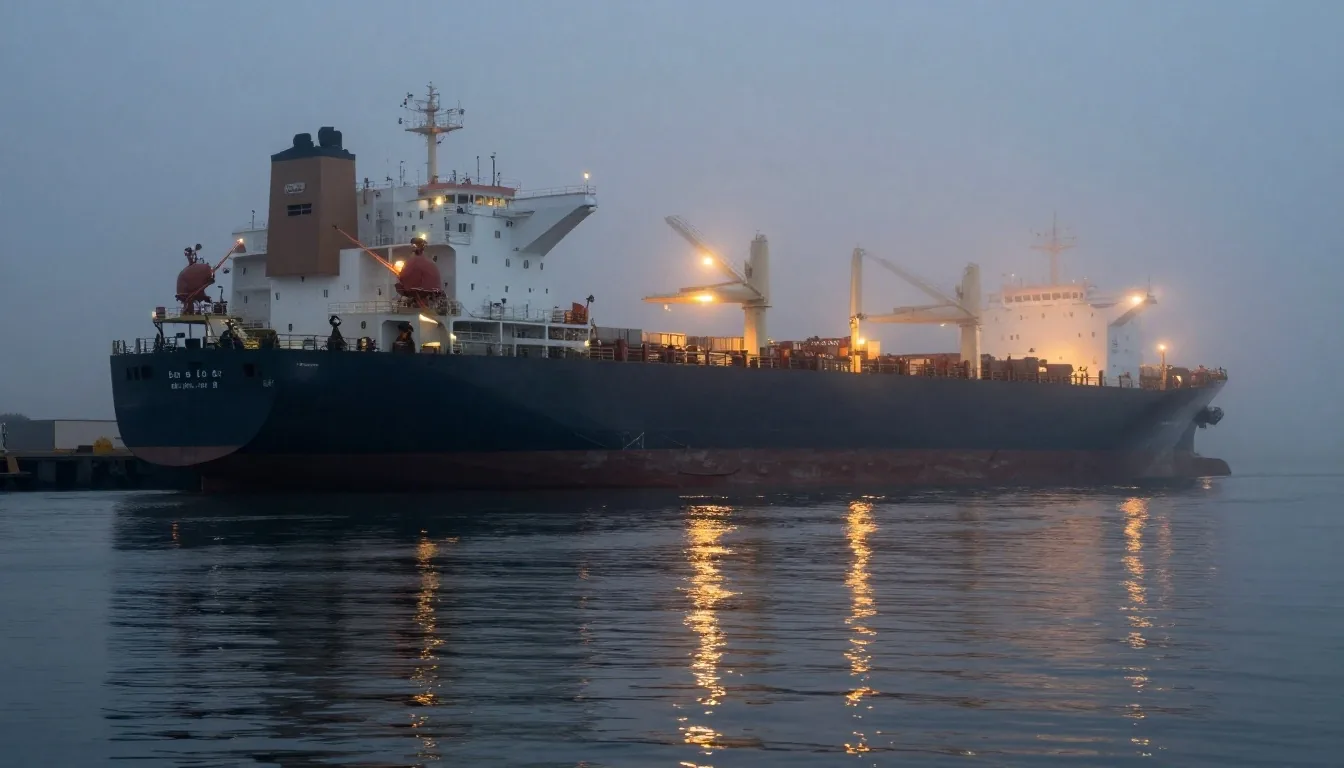 Puerto de contenedores de noche bajo niebla leve