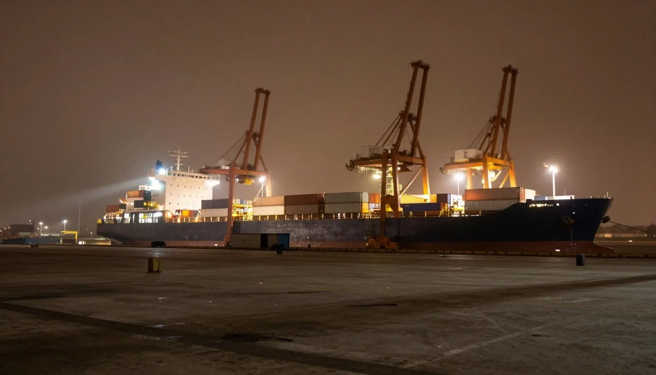 Puerto de contenedores de noche con grúas y luces de trabajo