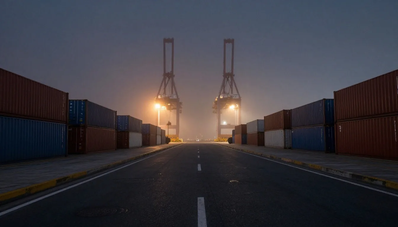 Puerto nocturno con contenedores apilados y grúas bajo niebla