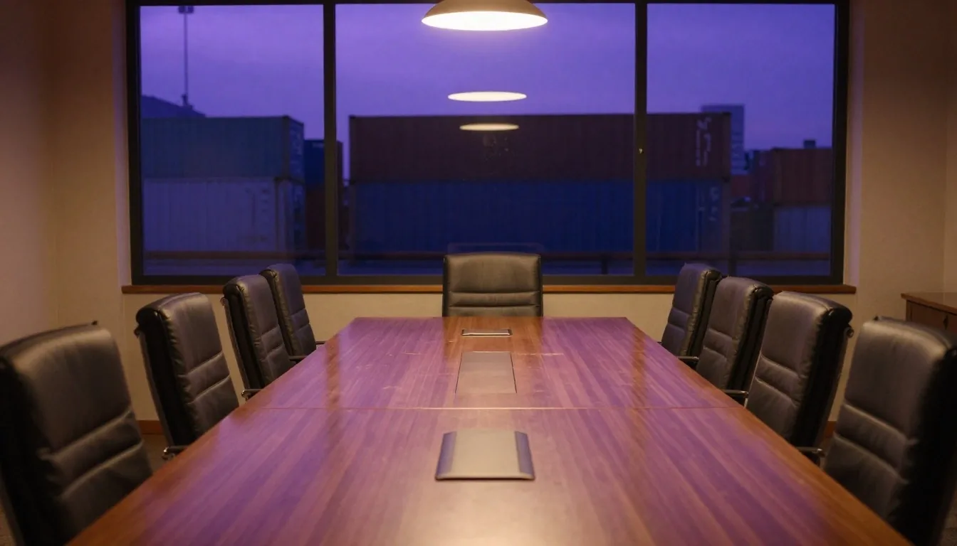 Sala de reuniones al atardecer con vista al patio de contenedores