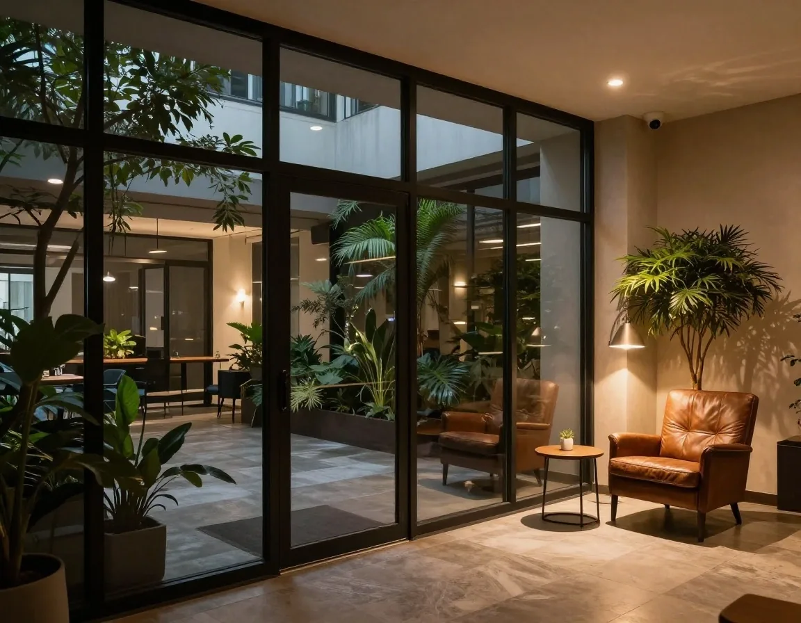 Oficina en Buenos Aires de noche con ventana al patio