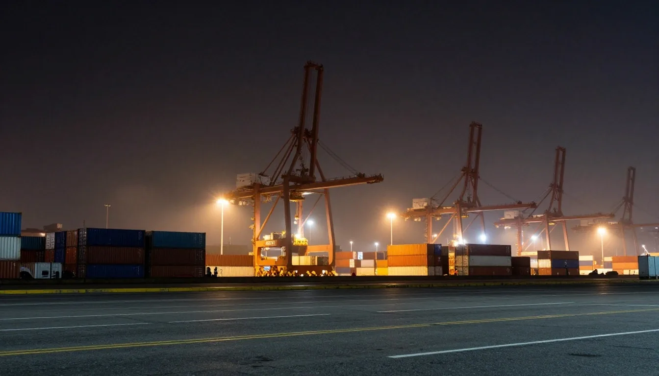 Puerto de contenedores de noche con grúas y luces de trabajo