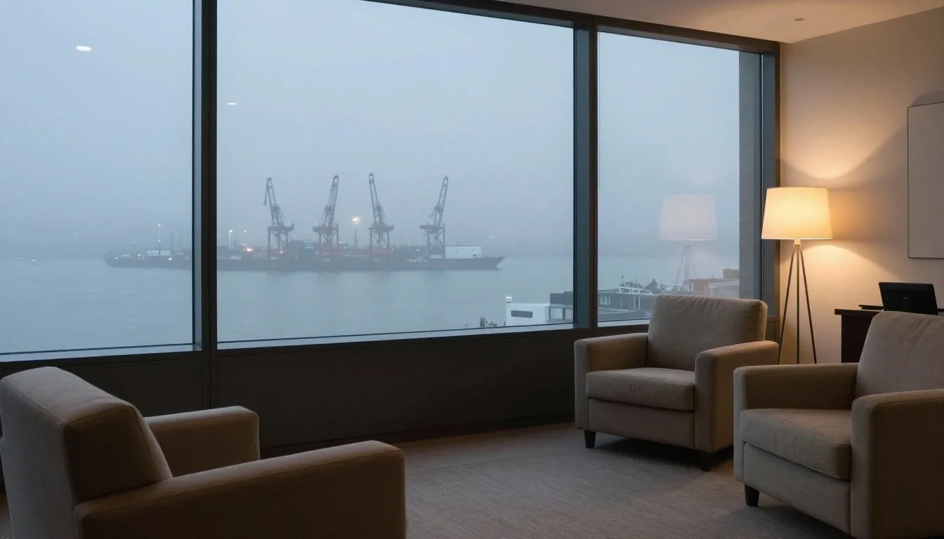 Escritorio de comercio exterior con manifiestos junto a ventana portuaria