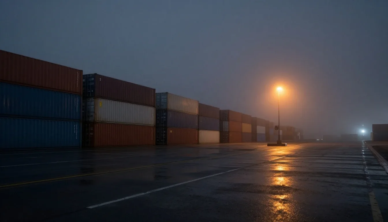 Puerto de contenedores de noche entre niebla