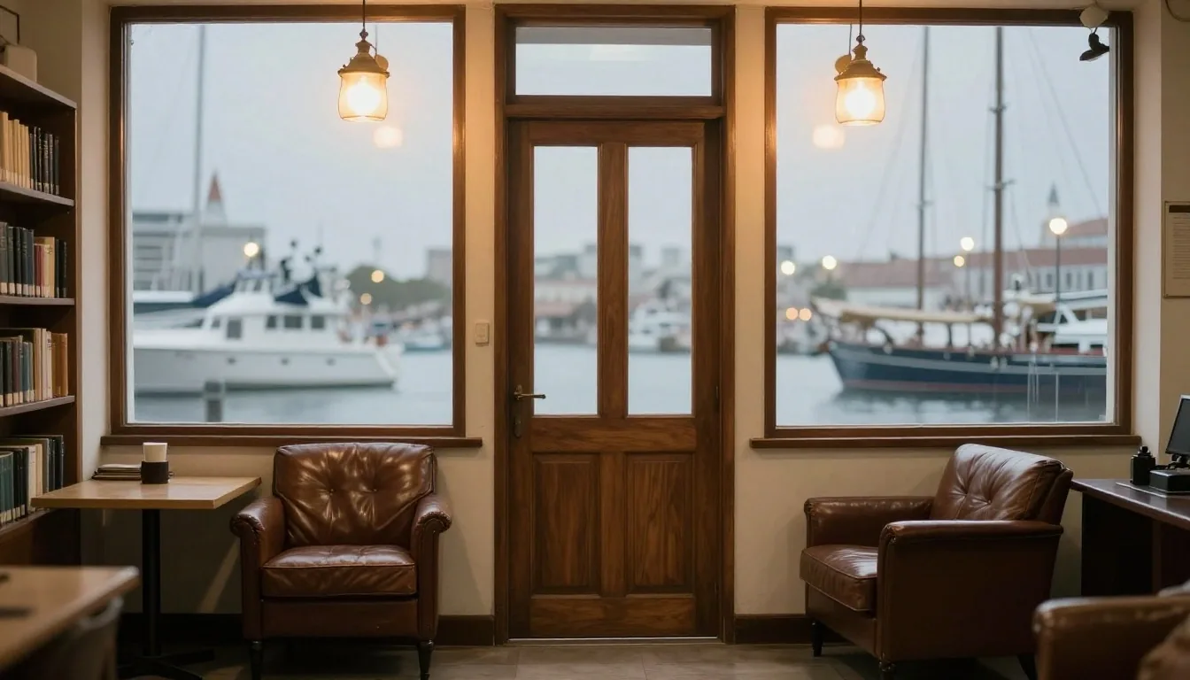 Escritorio de comercio exterior de noche con manifiestos sellados junto a la ventana