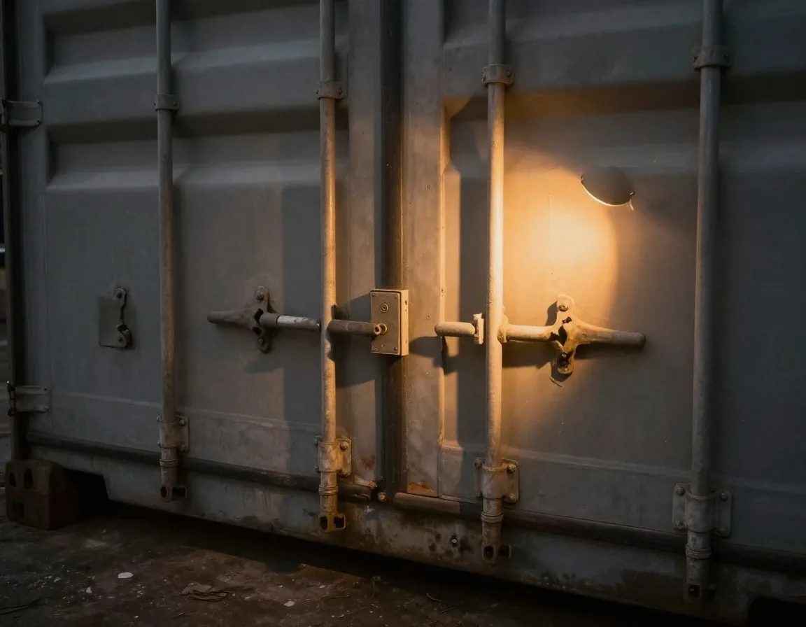Puerta de contenedor entreabierta de noche con precinto de exportación