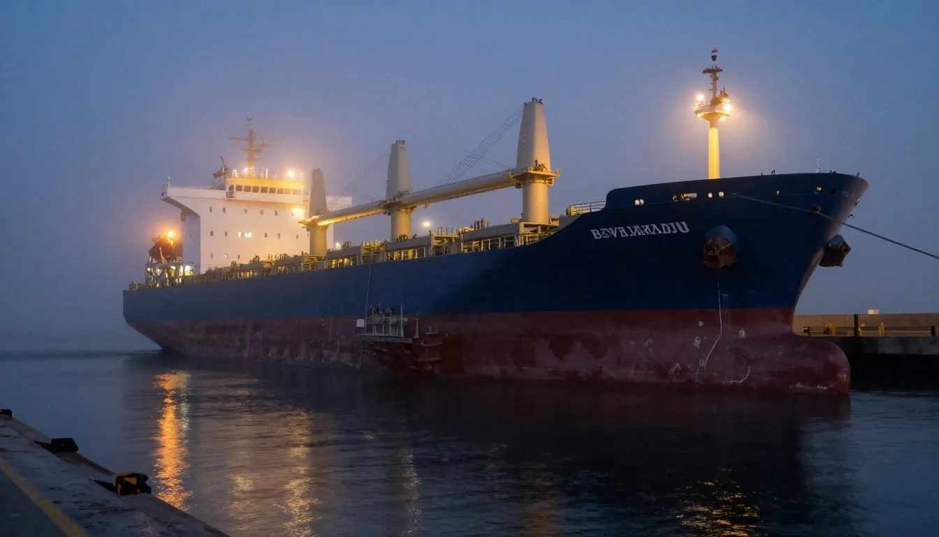Puerto de contenedores de noche bajo niebla con luces ámbar