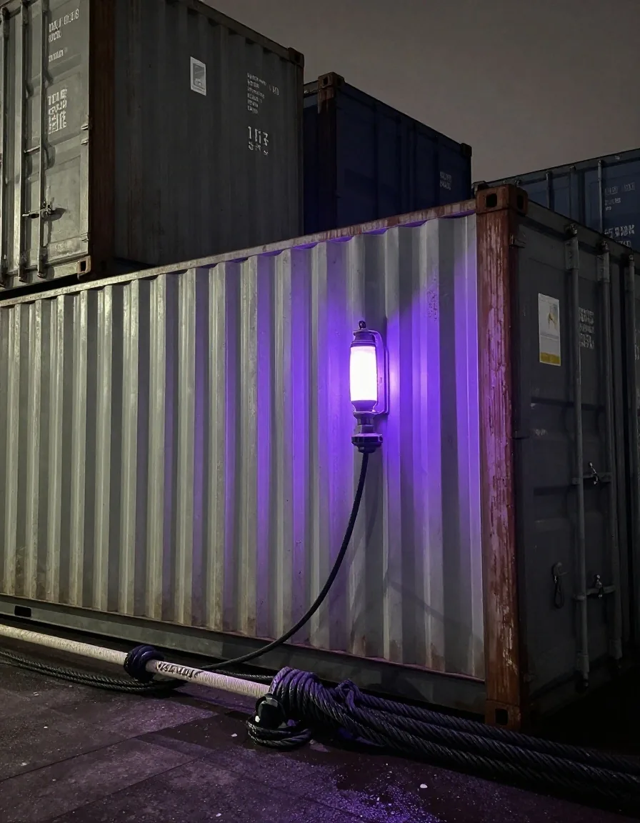 Contenedores apilados de noche con reflejo violeta sobre el acero