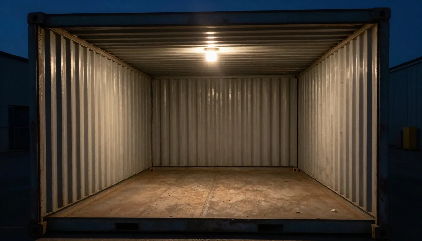 Mesa de trabajo con manifiestos y sellos de exportación en bodega nocturna