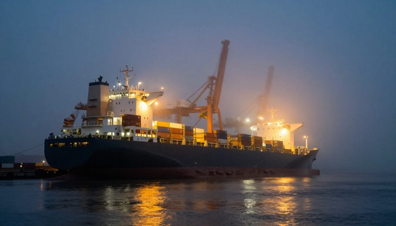 Puerto de contenedores de noche con grúas y luces de trabajo