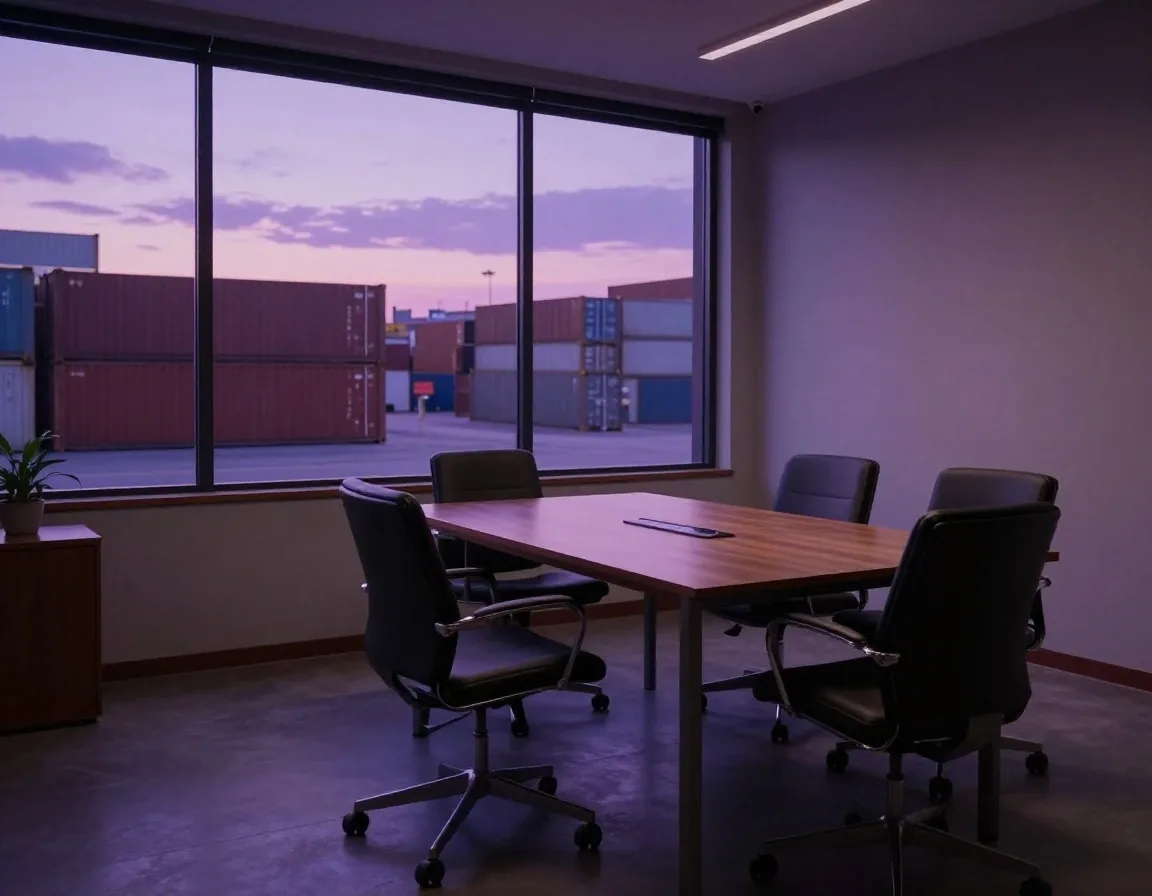 Sala de reunión al atardecer con vista al patio de contenedores