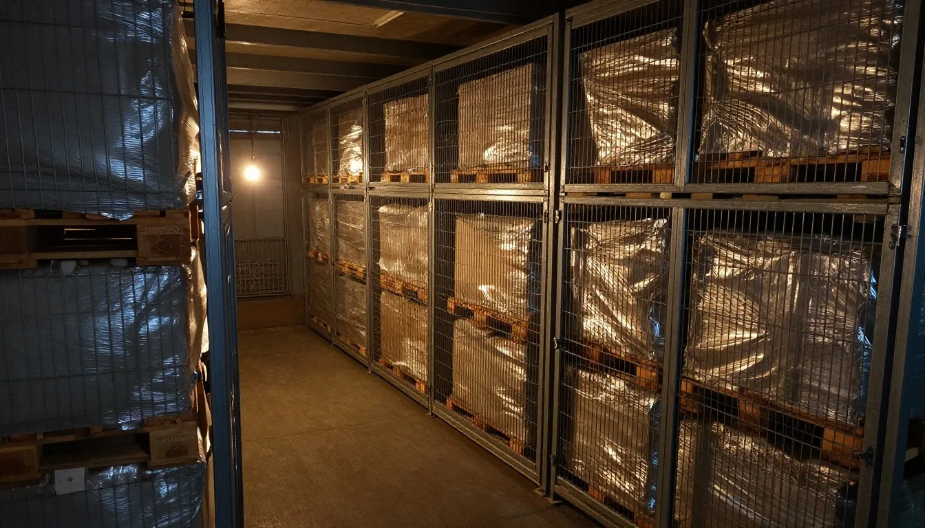 Pasillo de depósito nocturno con pallets de exportación y precintos
