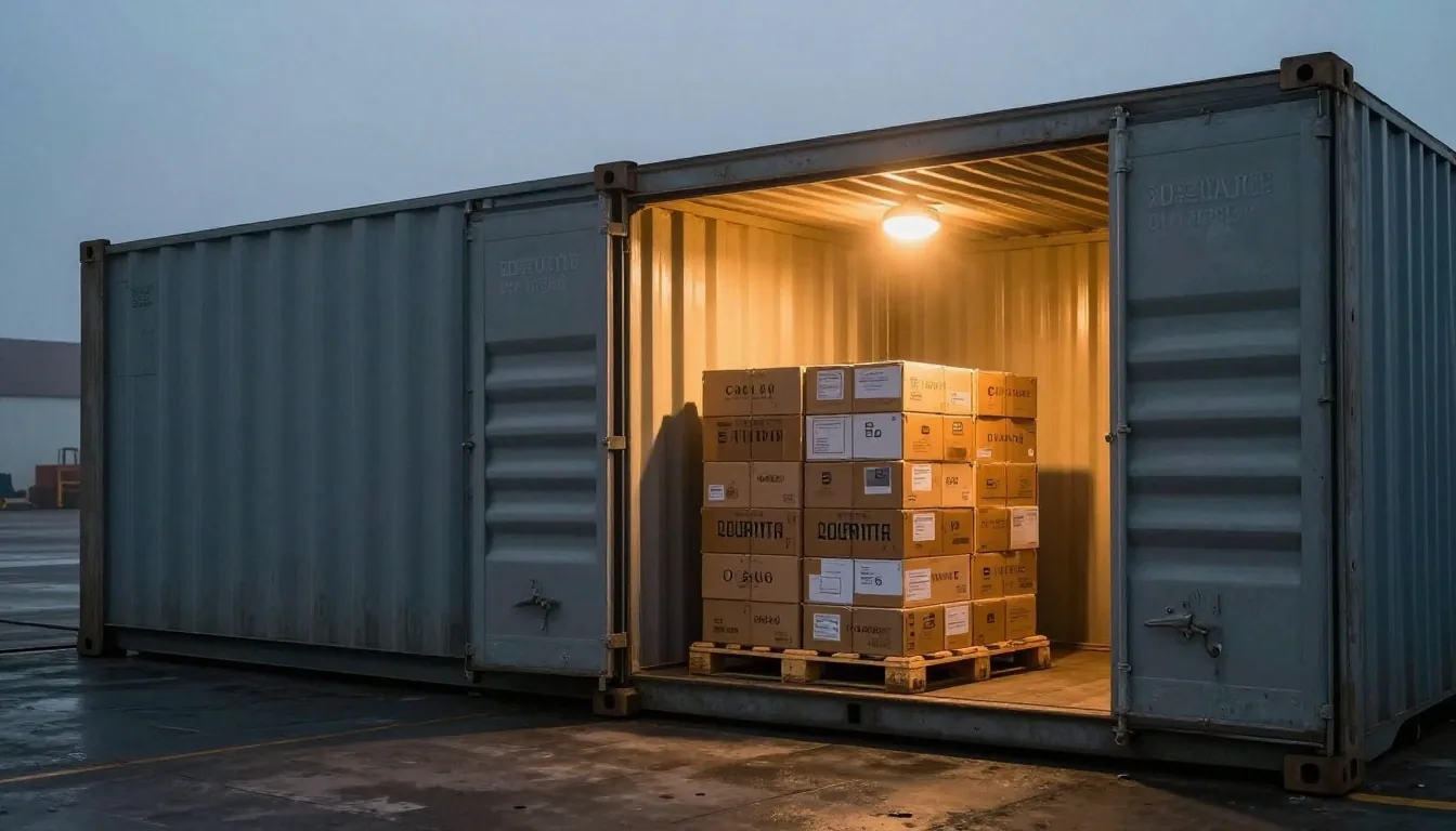 Puerta de contenedor entreabierta de noche con mercadería preparada para exportar