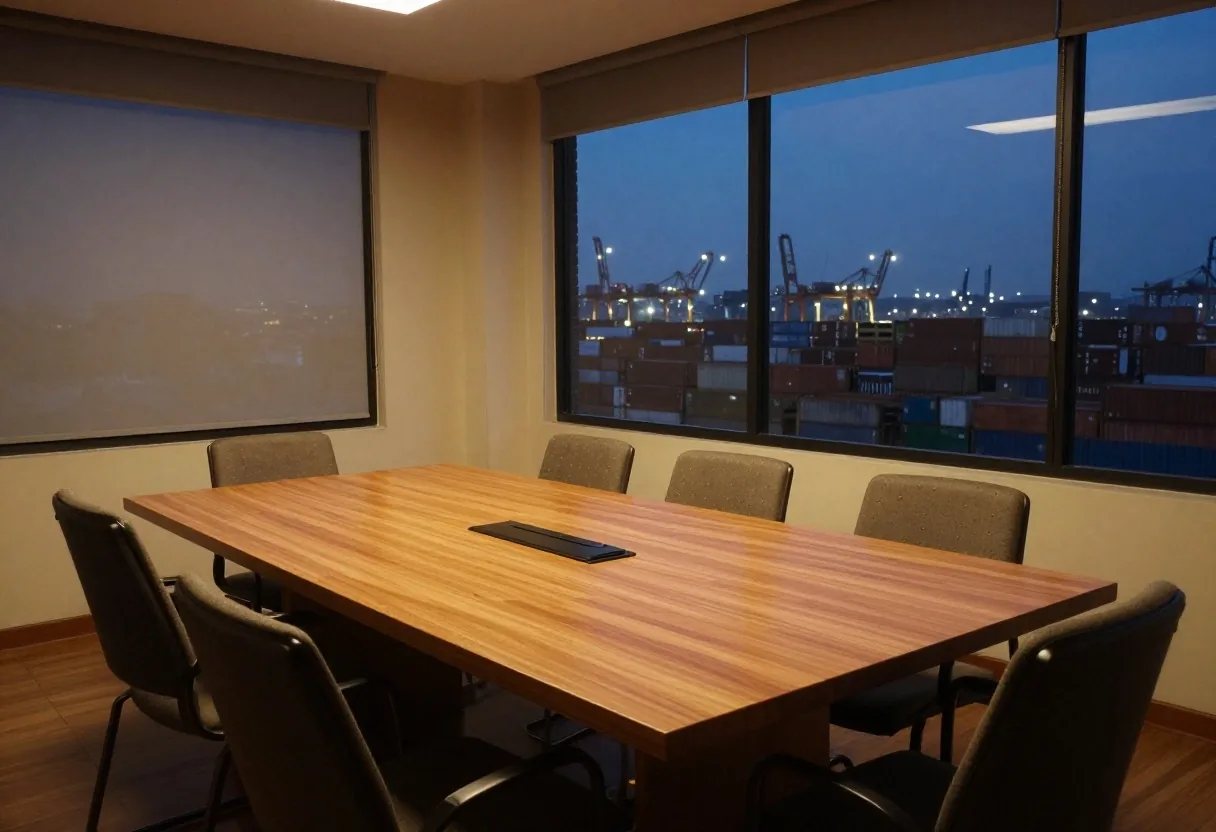 Sala de reuniones al atardecer con vista al patio de contenedores