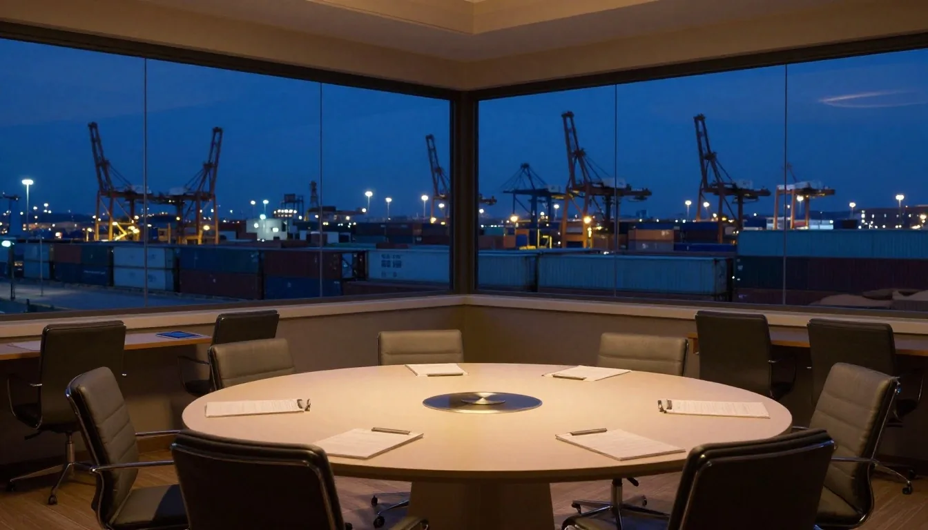 Escritorio de comercio exterior de noche con manifiestos y sellos junto a ventana al puerto