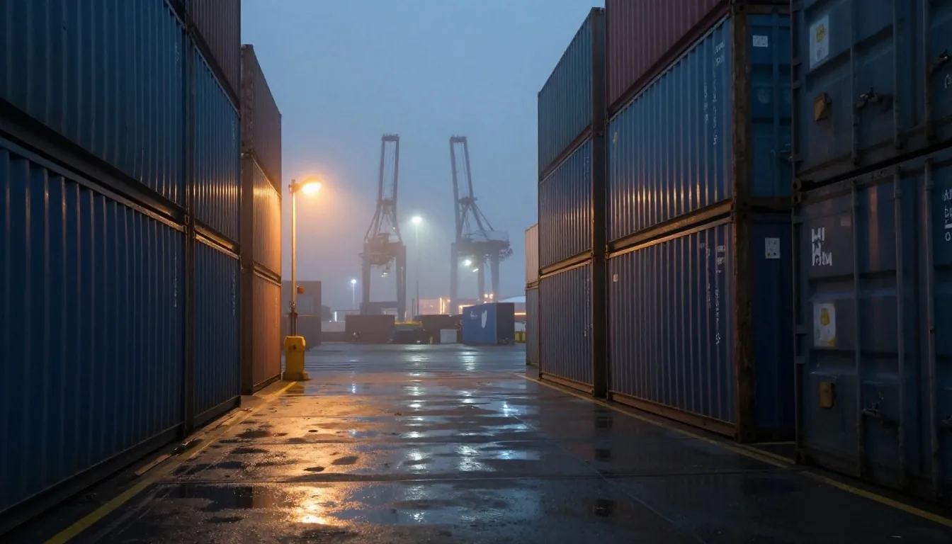 Puerto nocturno con contenedores apilados y grúas entre niebla